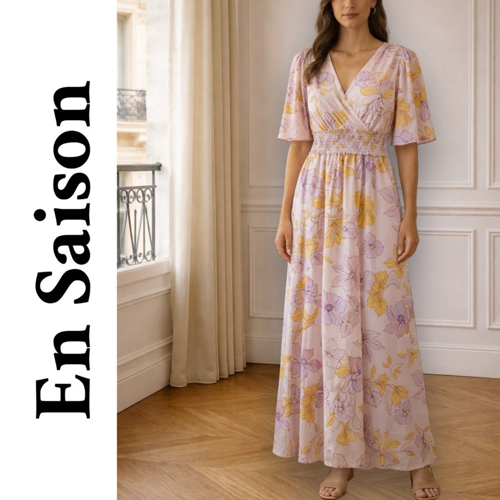 En Saison, Floral Maxi Dress Smocked Waist Flutter Sleeve Pink Purple Size Large